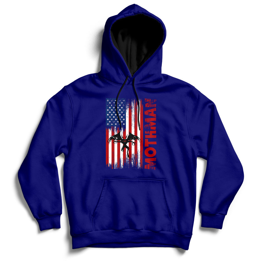 Deep blue pullover hoodie with front American flag-style mothman cryptid graphic