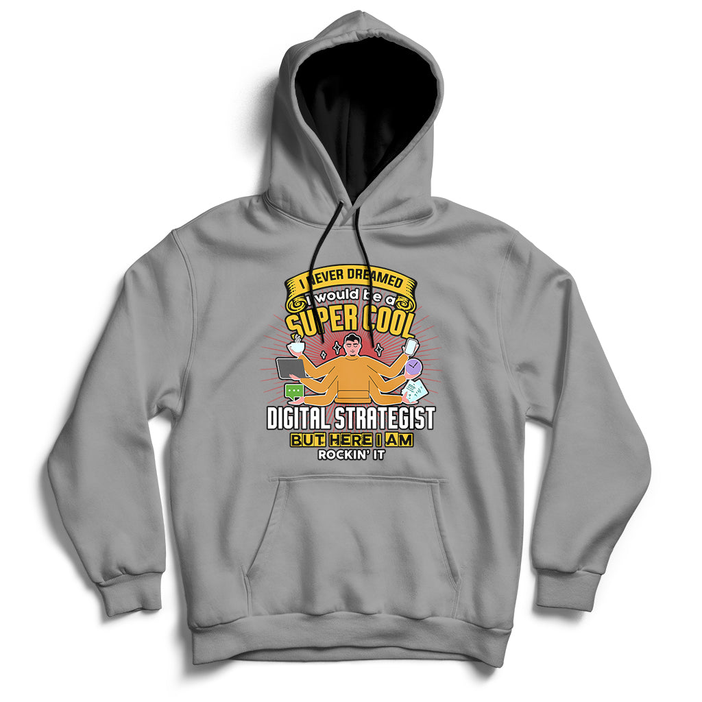 Gray hooded sweatshirt with front graphic and kangaroo pocket, drawstring hood.