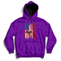 Purple pullover hoodie with front American flag-style mothman cryptid graphic