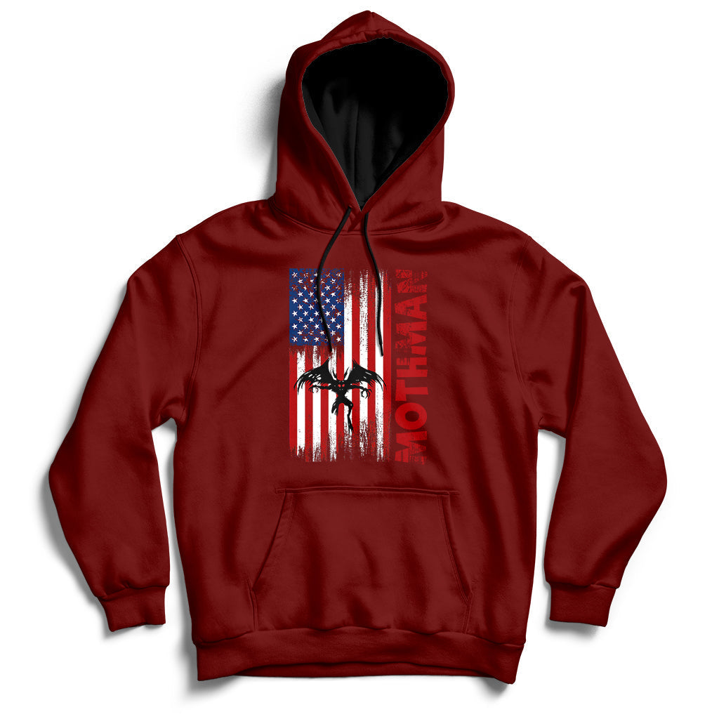 Maroon pullover hoodie with front American flag-style mothman cryptid graphic