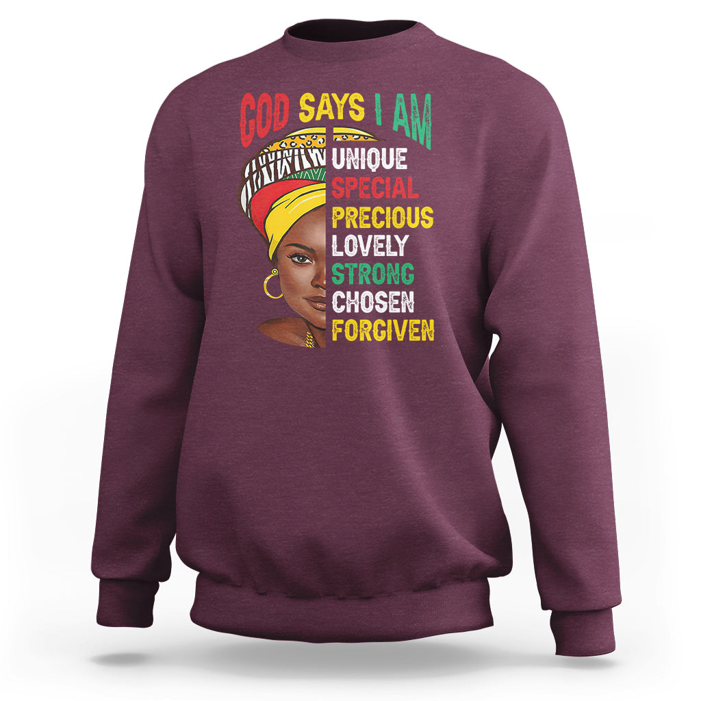 Maroon crewneck sweatshirt with front graphic portrait and text 'GOD SAYS I AM'