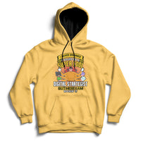 Daisy yellow hooded sweatshirt with front graphic and kangaroo pocket, drawstring hood.