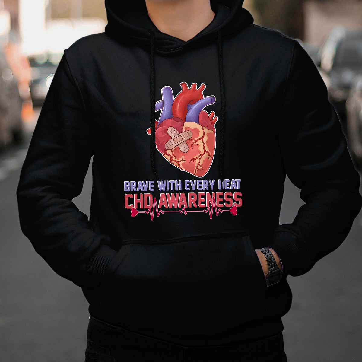 Brave With Every Beat CHD Heart Disease Red And Blue Ribbon Hoodie - Wonder Print Shop