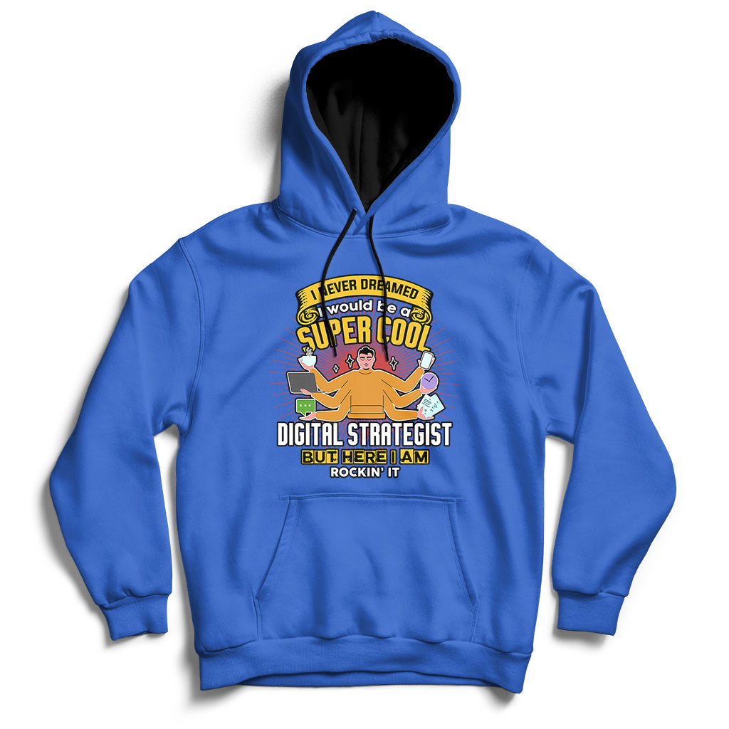 Royal blue hooded sweatshirt with front graphic and kangaroo pocket, drawstring hood.