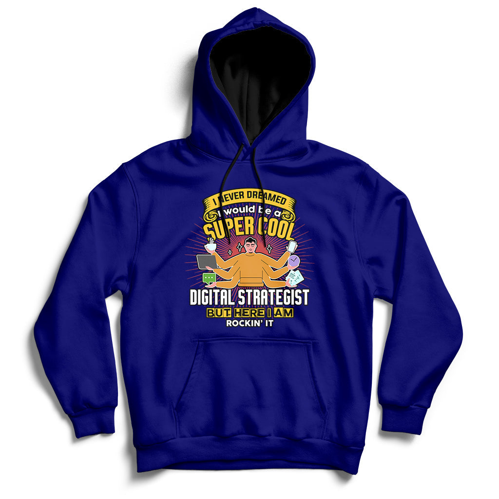Navy blue hooded sweatshirt with front graphic and kangaroo pocket, drawstring hood.