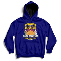 Navy blue hooded sweatshirt with front graphic and kangaroo pocket, drawstring hood.