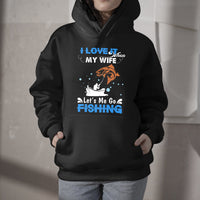 Black hoodie with fishing graphic, hood, and front pocket with slogan print