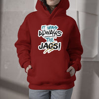 Red pullover hoodie with front graphic text and kangaroo pocket