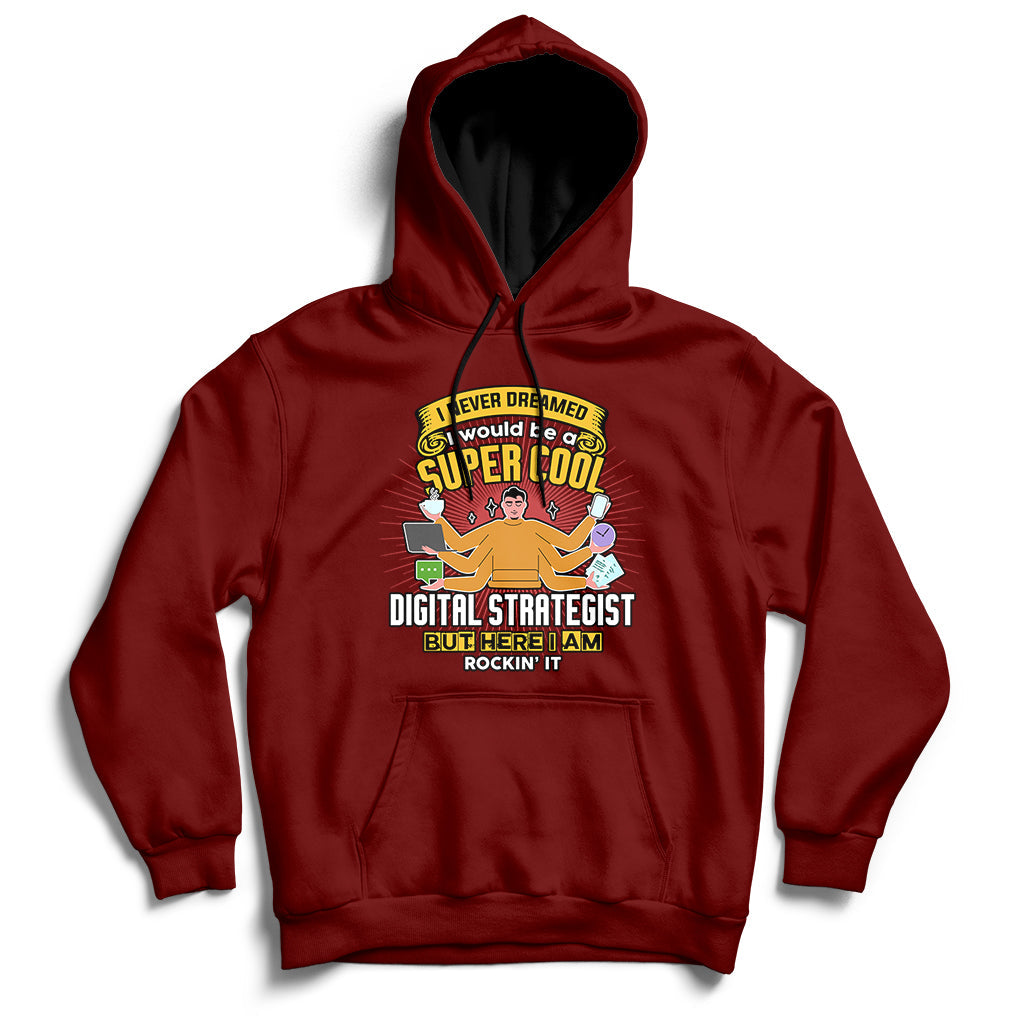 Maroon hooded sweatshirt with front graphic and kangaroo pocket, drawstring hood.