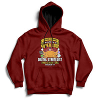 Maroon hooded sweatshirt with front graphic and kangaroo pocket, drawstring hood.