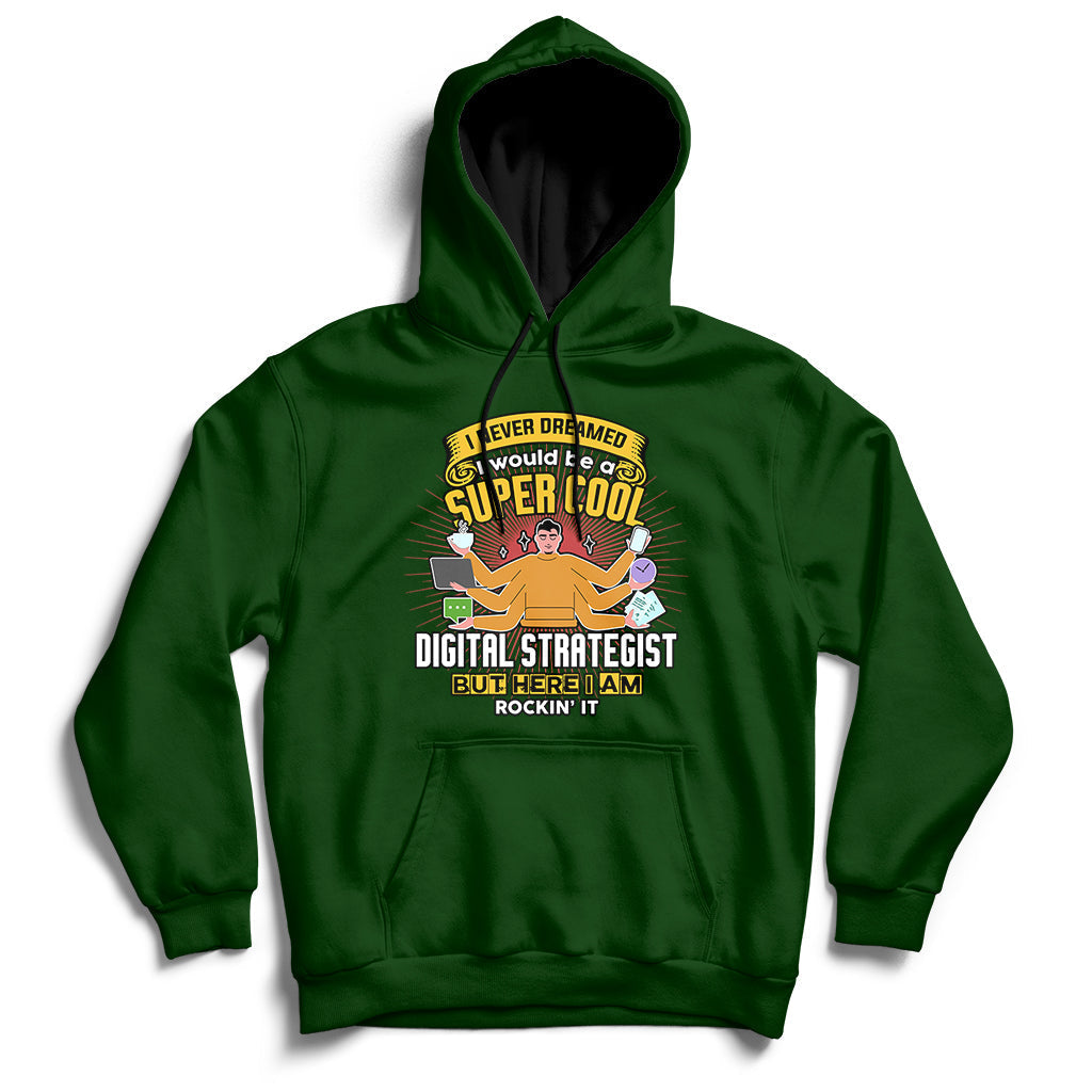 Forest green hooded sweatshirt with front graphic and kangaroo pocket, drawstring hood.