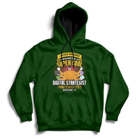 Forest green hooded sweatshirt with front graphic and kangaroo pocket, drawstring hood.