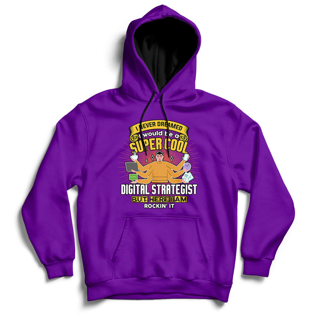 Purple hooded sweatshirt with front graphic and kangaroo pocket, drawstring hood.