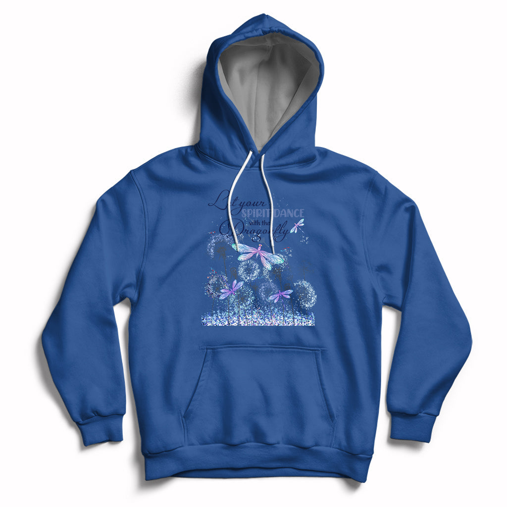 Royal blue hoodie with drawstring, front pocket, and blue/purple dragonfly graphic