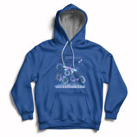 Royal blue hoodie with drawstring, front pocket, and blue/purple dragonfly graphic