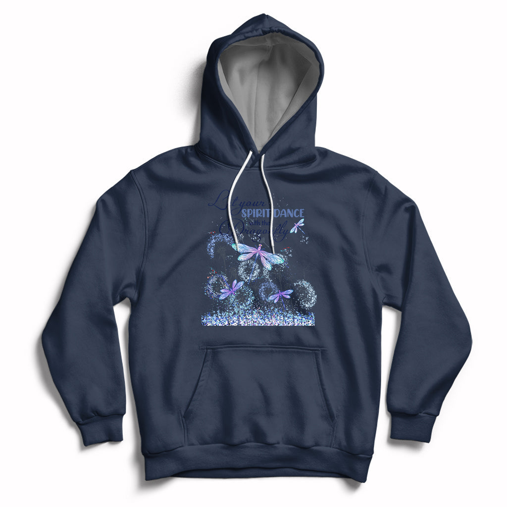 Navy hoodie with drawstring, front pocket, and blue/purple dragonfly graphic