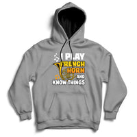 Gray pullover hoodie with front pocket and French horn quote graphic.