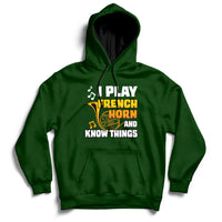 Forest green pullover hoodie with front pocket and French horn quote graphic.