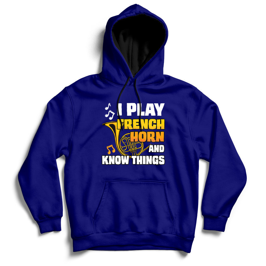 Navy pullover hoodie with front pocket and French horn quote graphic.
