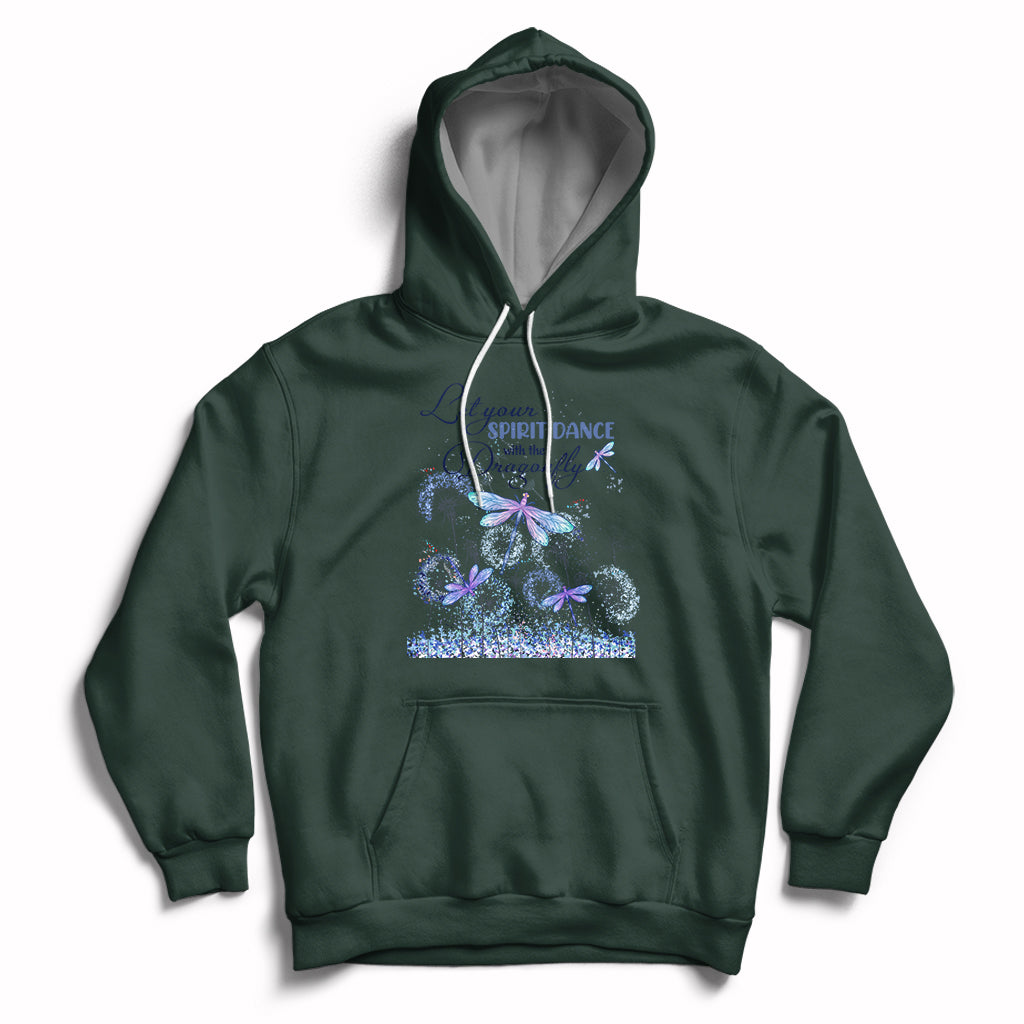 Forest green hoodie with drawstring, front pocket, and blue/purple dragonfly graphic