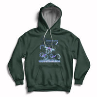 Forest green hoodie with drawstring, front pocket, and blue/purple dragonfly graphic