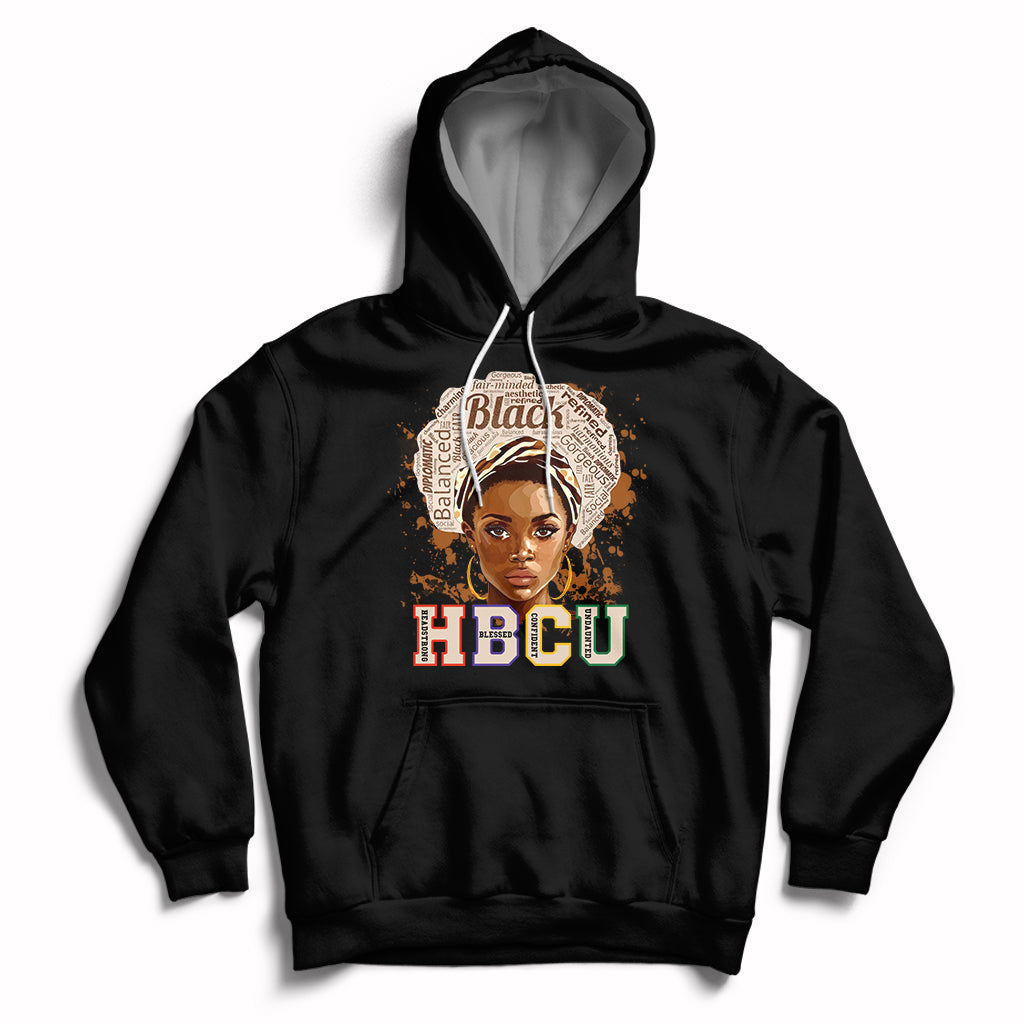 Black pullover hoodie with front 'HBCU' graphic and face portrait, drawstring hood