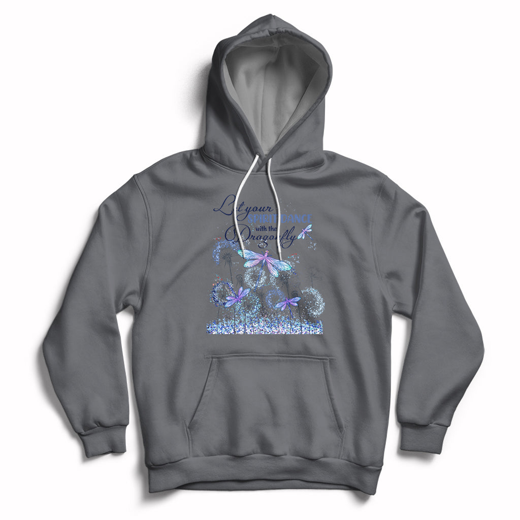 Charcoal gray hoodie with drawstring, front pocket, and blue/purple dragonfly graphic