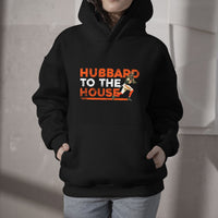 Black fan hoodie with kangaroo pocket and 'HUBBARD TO THE HOUSE' front graphic