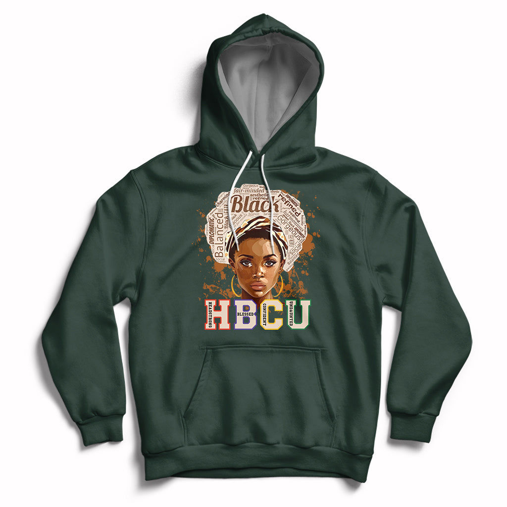 Forest green pullover hoodie with front 'HBCU' graphic and face portrait, drawstring hood