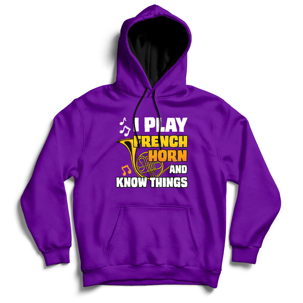 Purple pullover hoodie with front pocket and French horn quote graphic.
