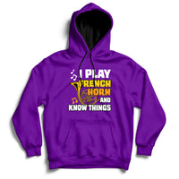 Purple pullover hoodie with front pocket and French horn quote graphic.