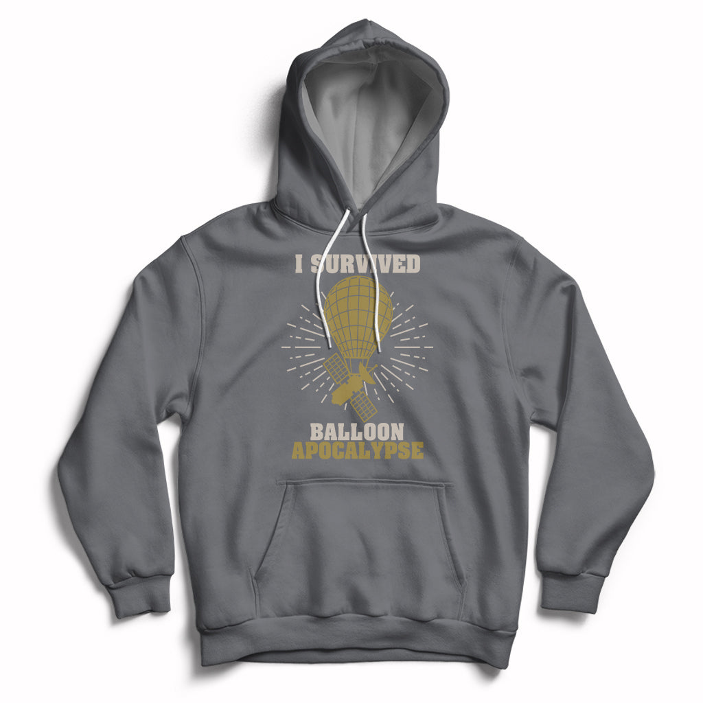 Charcoal gray hoodie with front graphic of a balloon, rays, and 'Balloon Apocalypse' text.