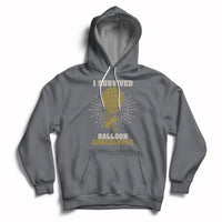Charcoal gray hoodie with front graphic of a balloon, rays, and 'Balloon Apocalypse' text.