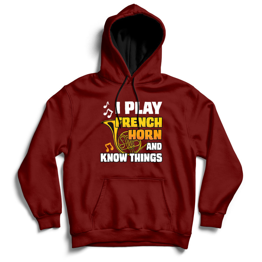 Maroon pullover hoodie with front pocket and French horn quote graphic.
