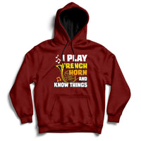 Maroon pullover hoodie with front pocket and French horn quote graphic.