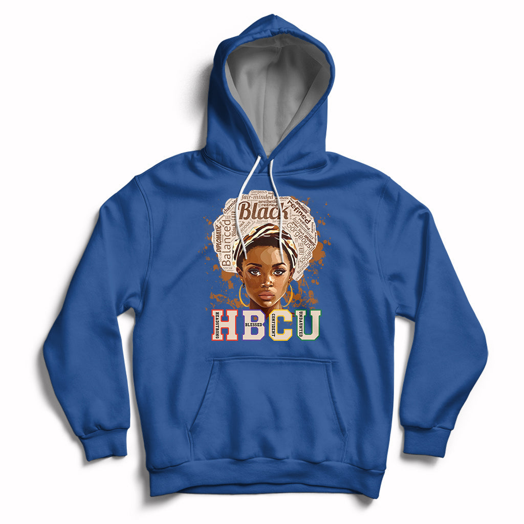 Royal blue pullover hoodie with front 'HBCU' graphic and face portrait, drawstring hood