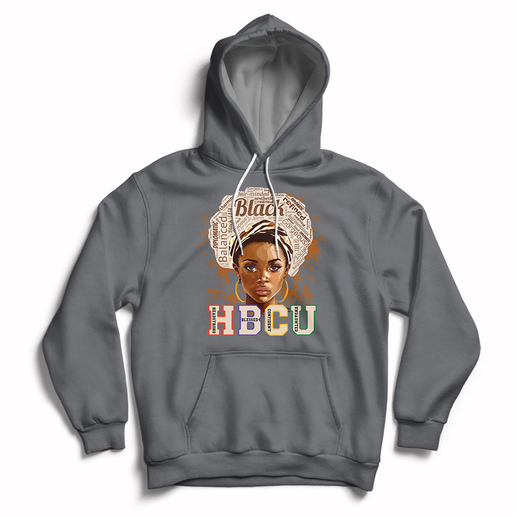 Charcoal pullover hoodie with front 'HBCU' graphic and face portrait, drawstring hood