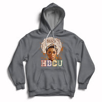 Charcoal pullover hoodie with front 'HBCU' graphic and face portrait, drawstring hood