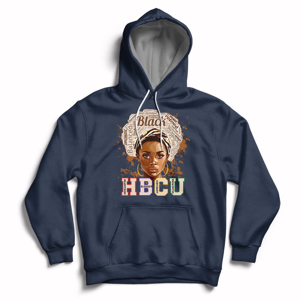 Navy pullover hoodie with front 'HBCU' graphic and face portrait, drawstring hood