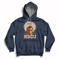 Navy pullover hoodie with front 'HBCU' graphic and face portrait, drawstring hood