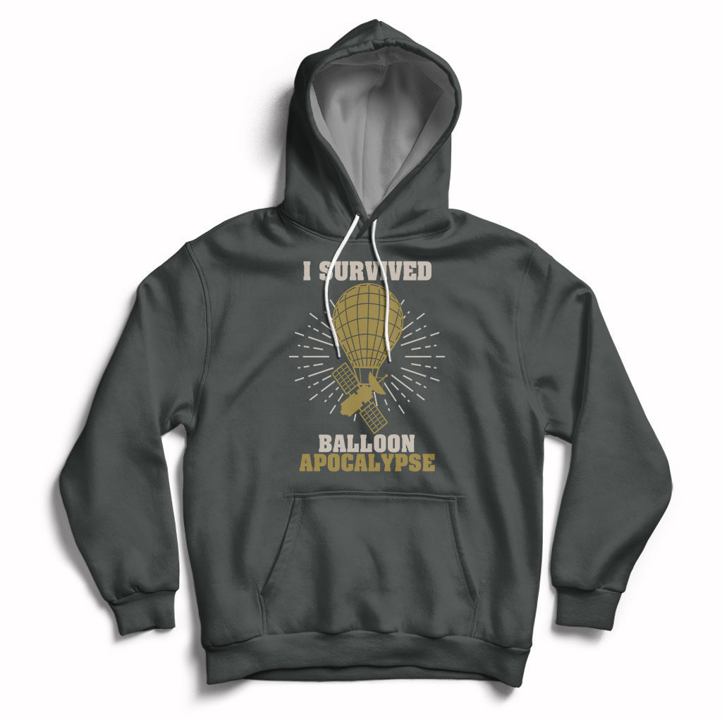 Dark gray hoodie with front graphic of a balloon, rays, and 'Balloon Apocalypse' text.