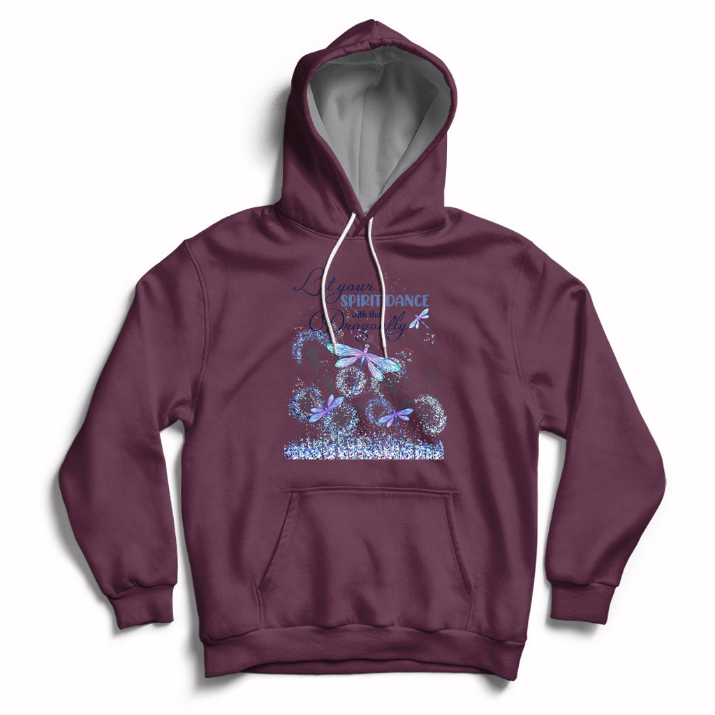 Maroon hoodie with drawstring, front pocket, and blue/purple dragonfly graphic