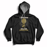 Black hoodie with front graphic of a balloon, rays, and text 'Balloon Apocalypse'.