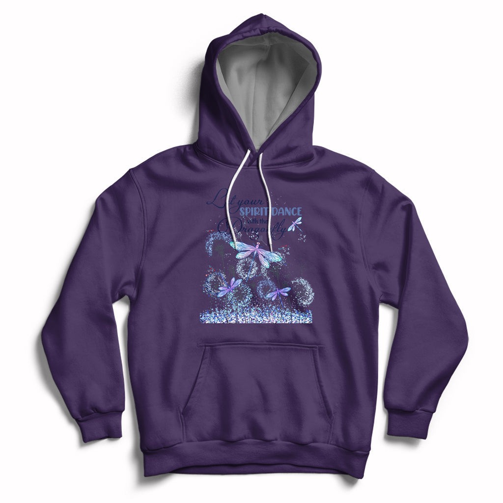 Purple hoodie with drawstring, front pocket, and blue/purple dragonfly graphic