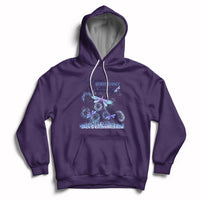 Purple hoodie with drawstring, front pocket, and blue/purple dragonfly graphic