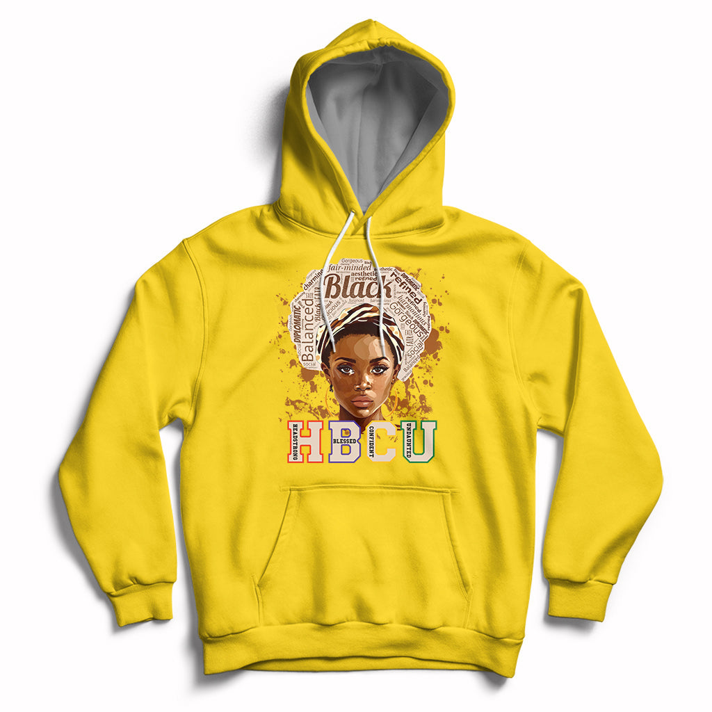 Daisy yellow pullover hoodie with front 'HBCU' graphic and face portrait, drawstring hood