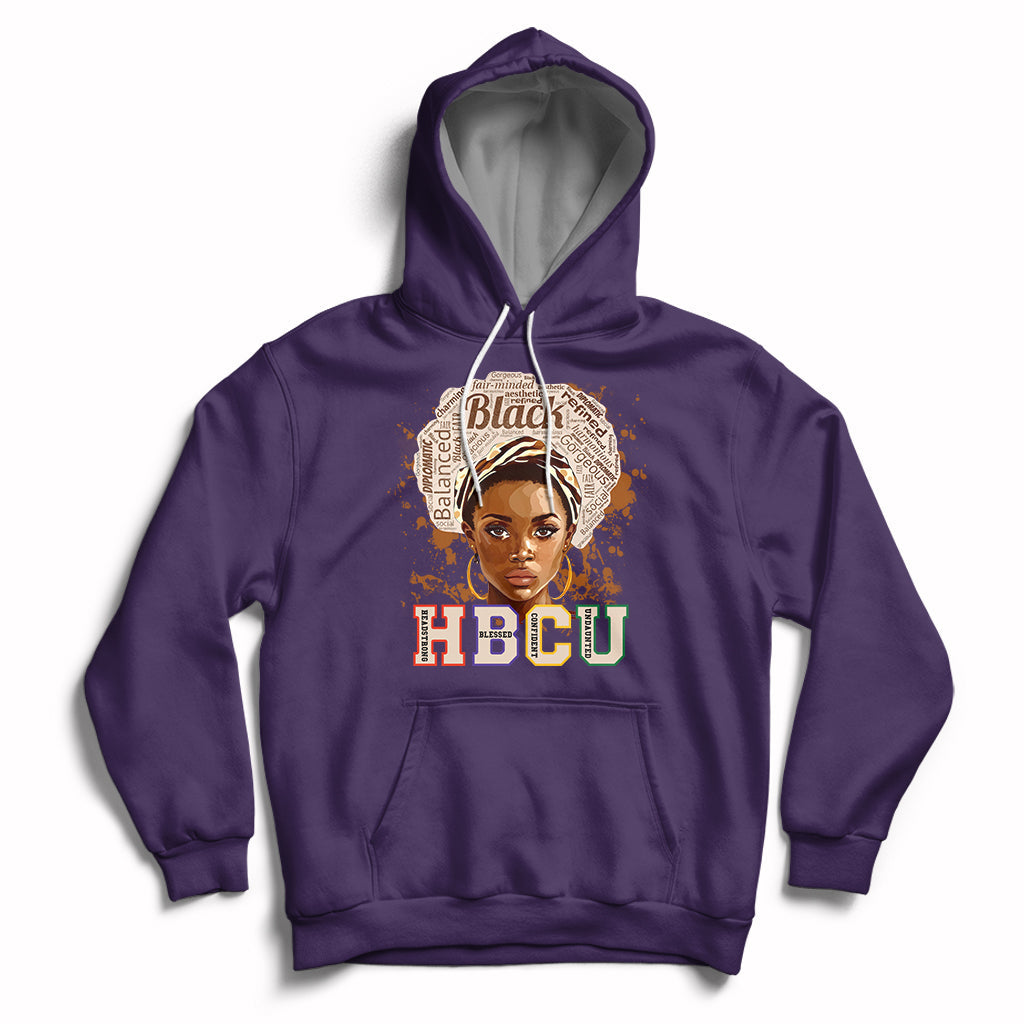 Purple pullover hoodie with front 'HBCU' graphic and face portrait, drawstring hood