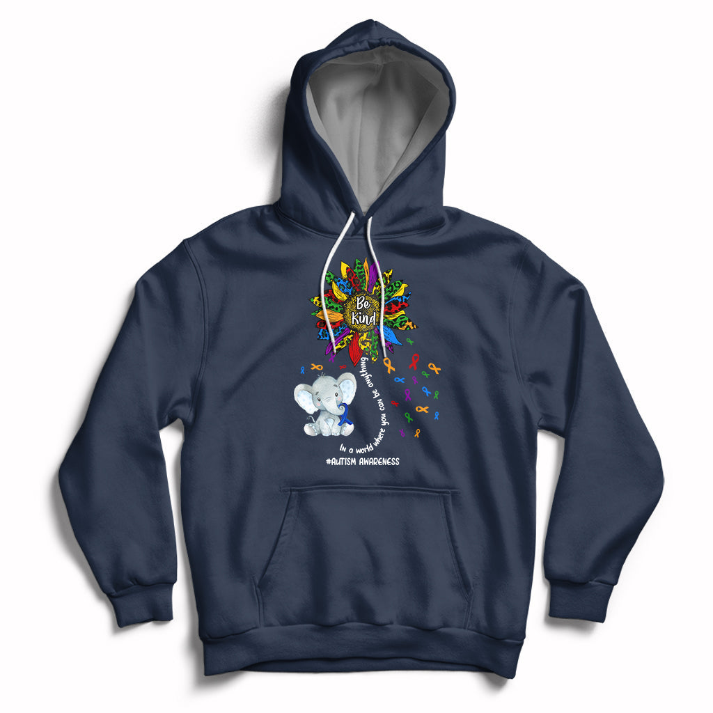 Navy autism awareness hoodie with elephant 'Be Kind' and puzzle-piece print, front pocket