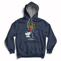 Navy autism awareness hoodie with elephant 'Be Kind' and puzzle-piece print, front pocket