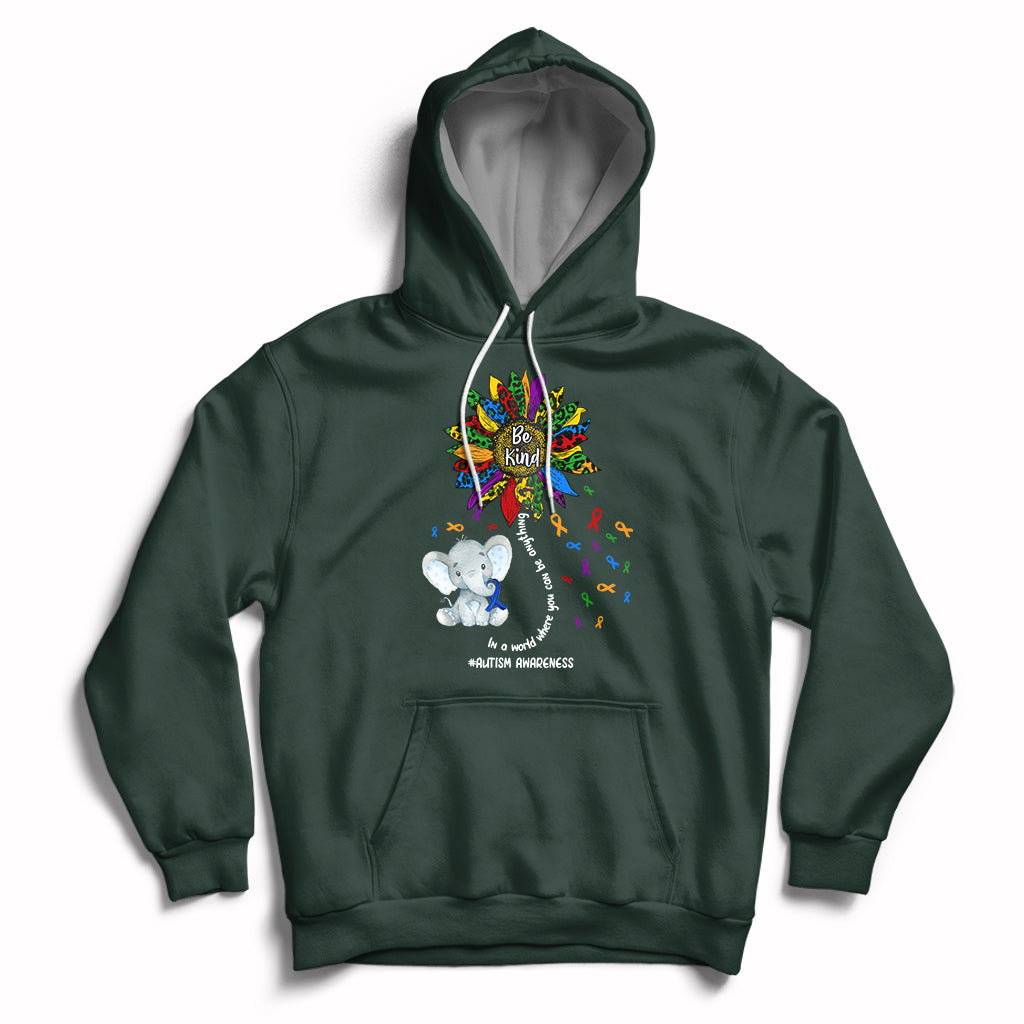 Forest green autism awareness hoodie with elephant 'Be Kind' and puzzle-piece print, front pocket